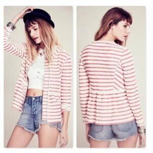 Free People Size S Cream Red Striped Peplum Jacket